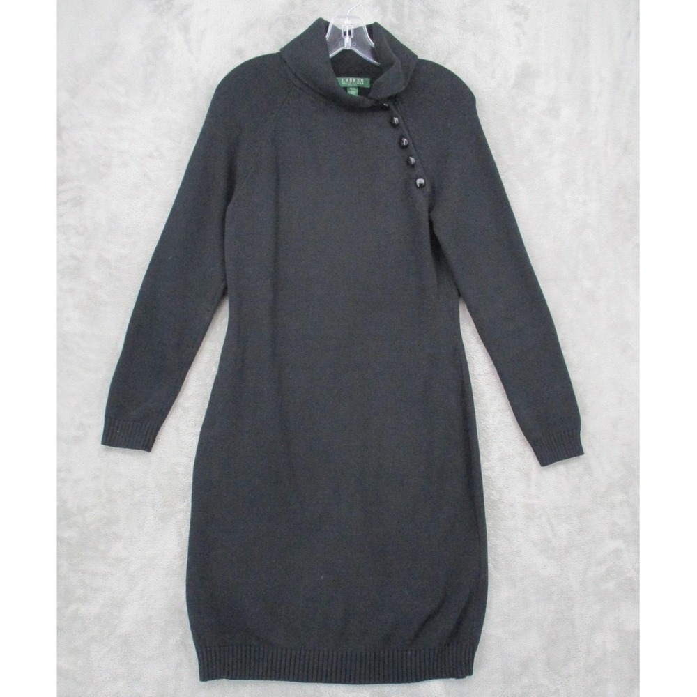 Ralph Lauren LRL Sweater Dress Womens Size M Cowl Button Elbow Patch Chunky Knit